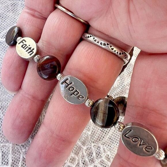 Vintage 90’s “Faith” “Hope” “Love” Jasper Agate Stone Bracelet - Picture 5 of 12